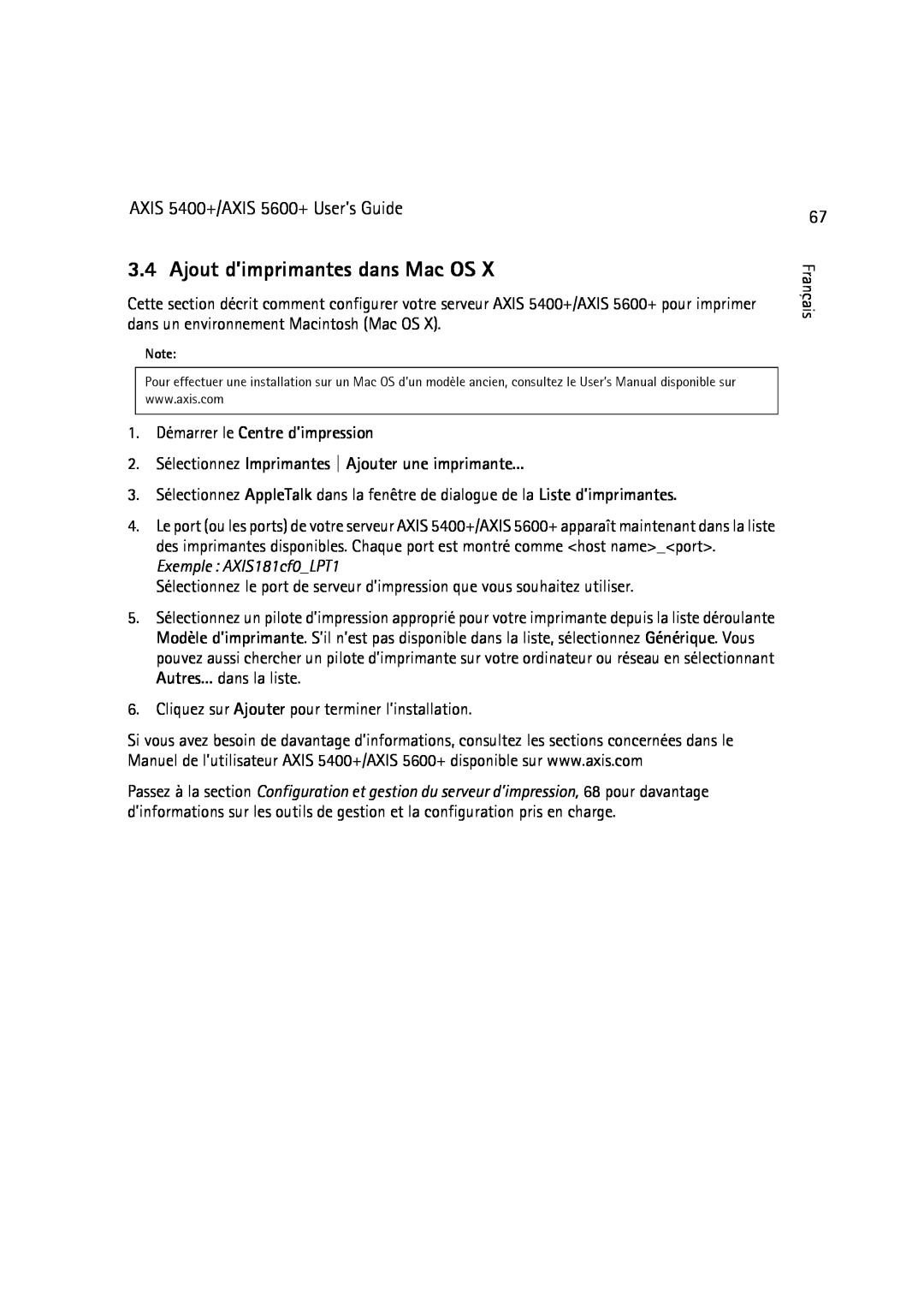 Dell manual Ajout d’imprimantes dans Mac OS, 1. Démarrer le Centre d’impression, AXIS 5400+/AXIS 5600+ User’s Guide 