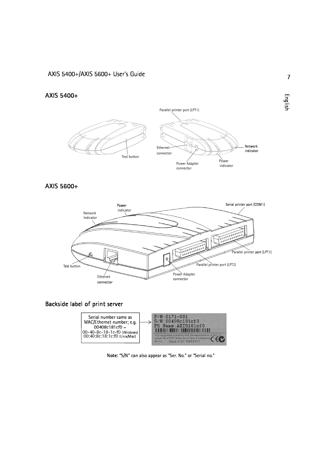 Dell manual Backside label of print server, AXIS 5400+/AXIS 5600+ User’s Guide, 00408c181cf0 =, Power 