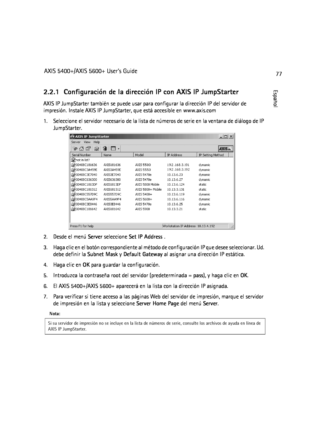 Dell manual Configuración de la dirección IP con AXIS IP JumpStarter, AXIS 5400+/AXIS 5600+ User’s Guide 