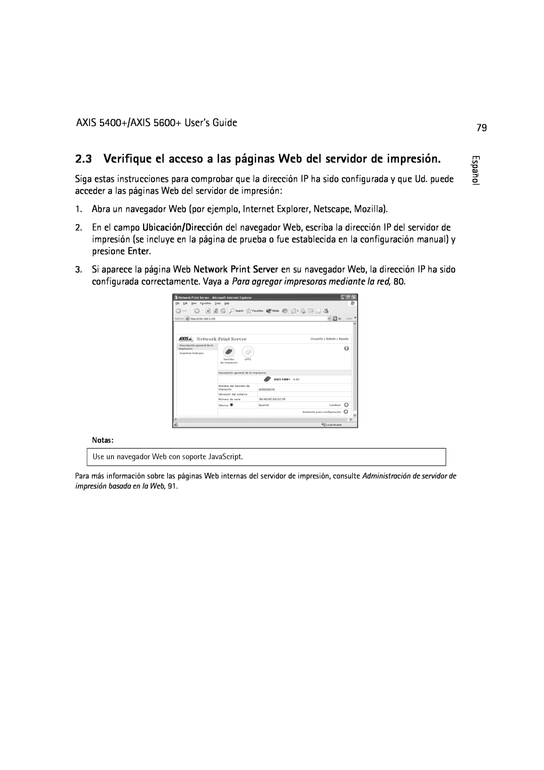 Dell manual Verifique el acceso a las páginas Web del servidor de impresión, AXIS 5400+/AXIS 5600+ User’s Guide 