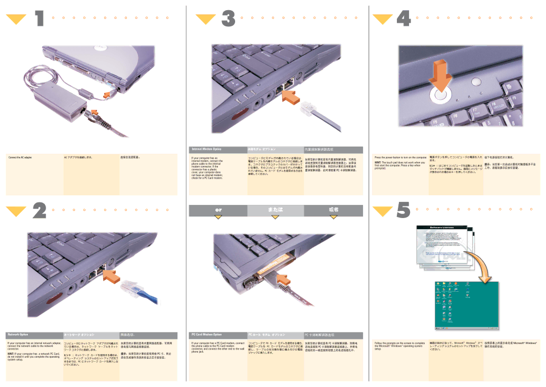 Dell 57DRK manual Network Option, Internal Modem Option, PC Card Modem Option, Connect the AC adapter 