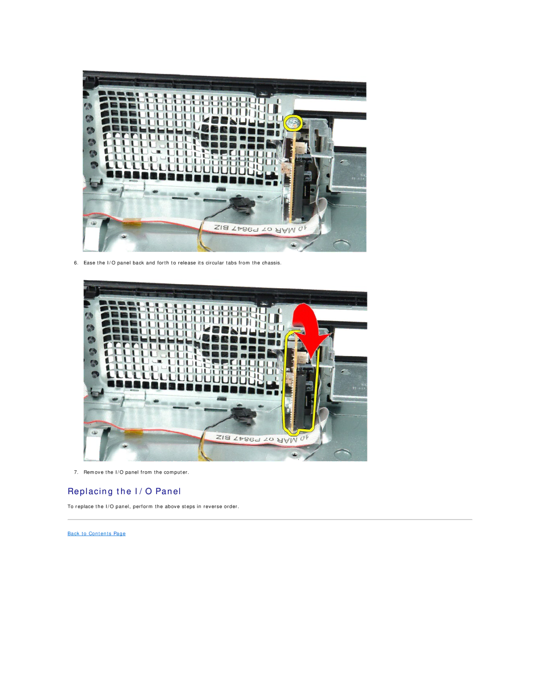 Dell 580 specifications Replacing the I/O Panel 