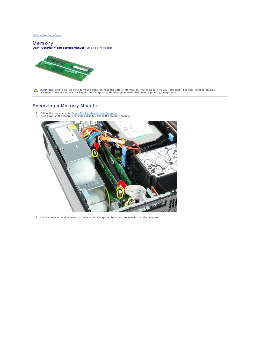 Dell 580 specifications Removing a Memory Module 