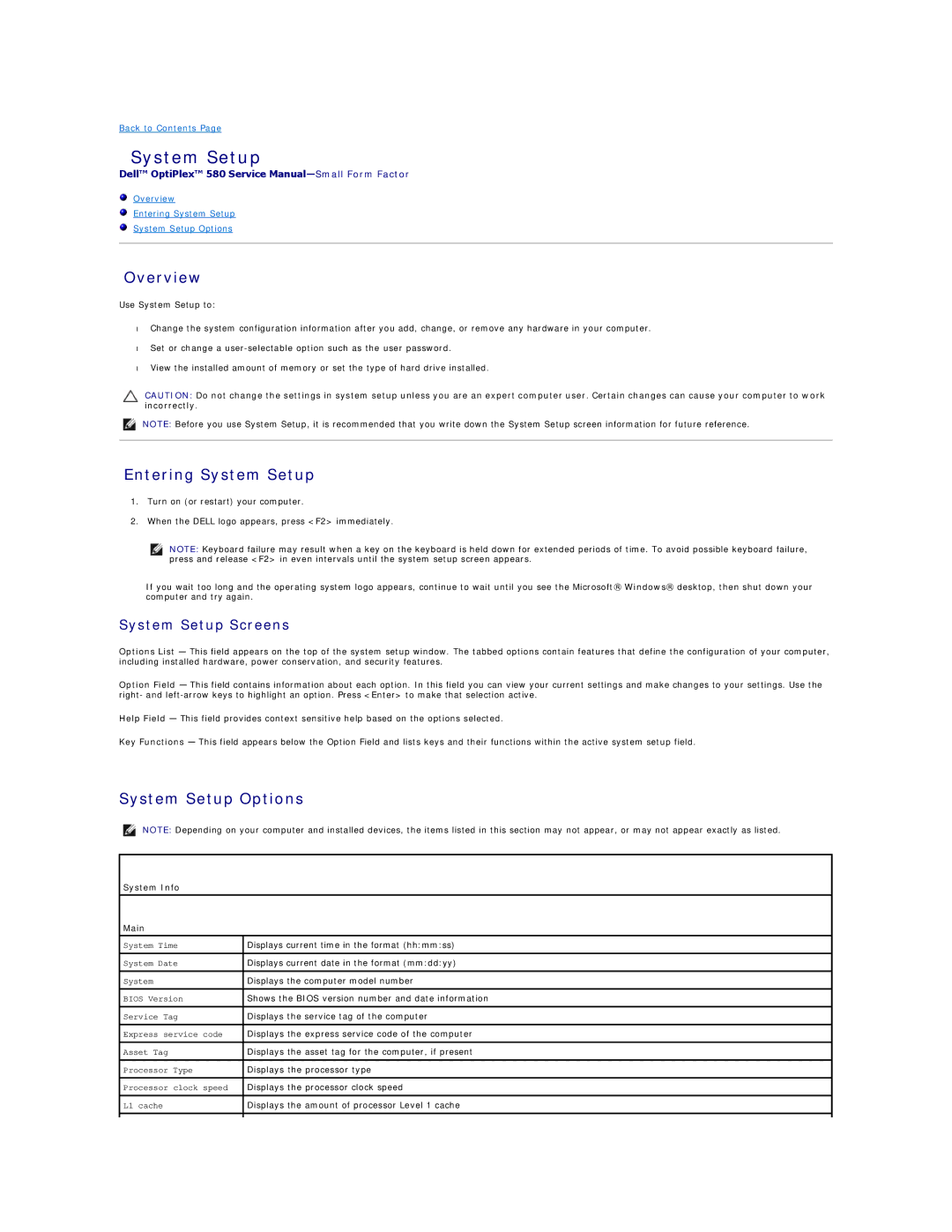 Dell 580 specifications Overview, Entering System Setup, System Setup Options, System Info Main 