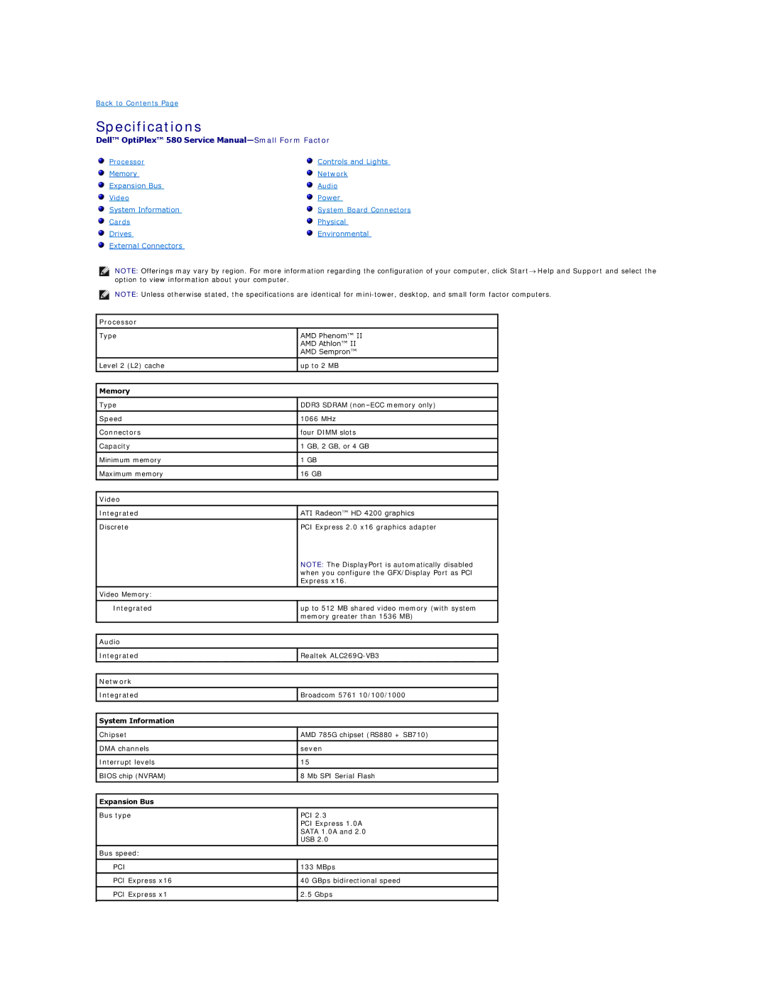 Dell 580 specifications Specifications 