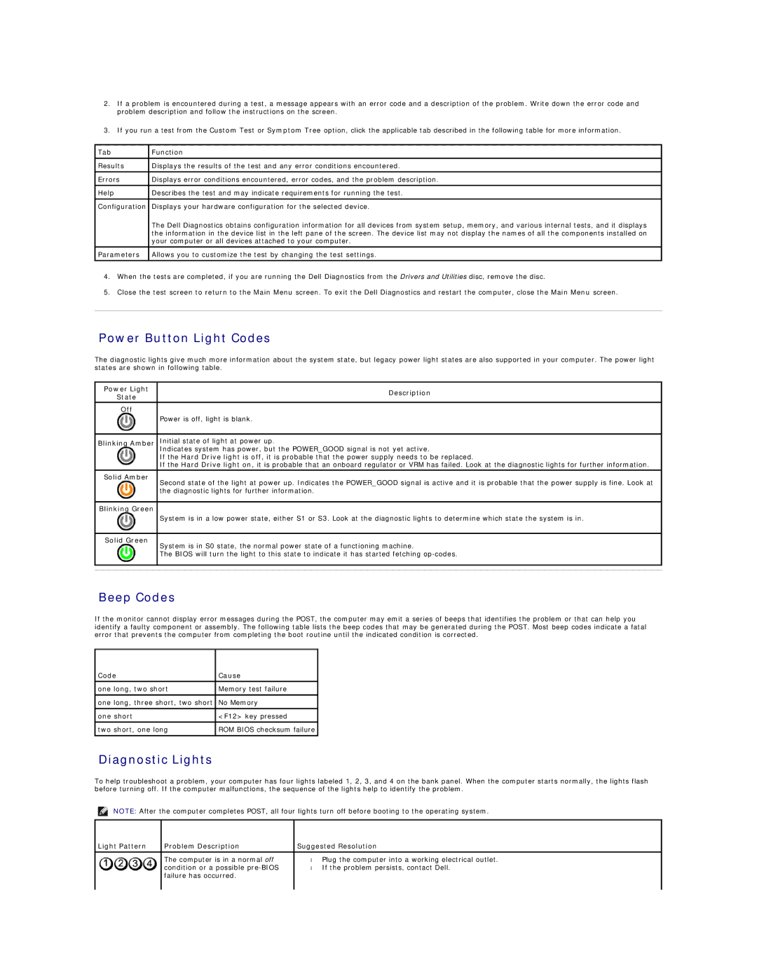 Dell 580 specifications Power Button Light Codes, Beep Codes, Diagnostic Lights 