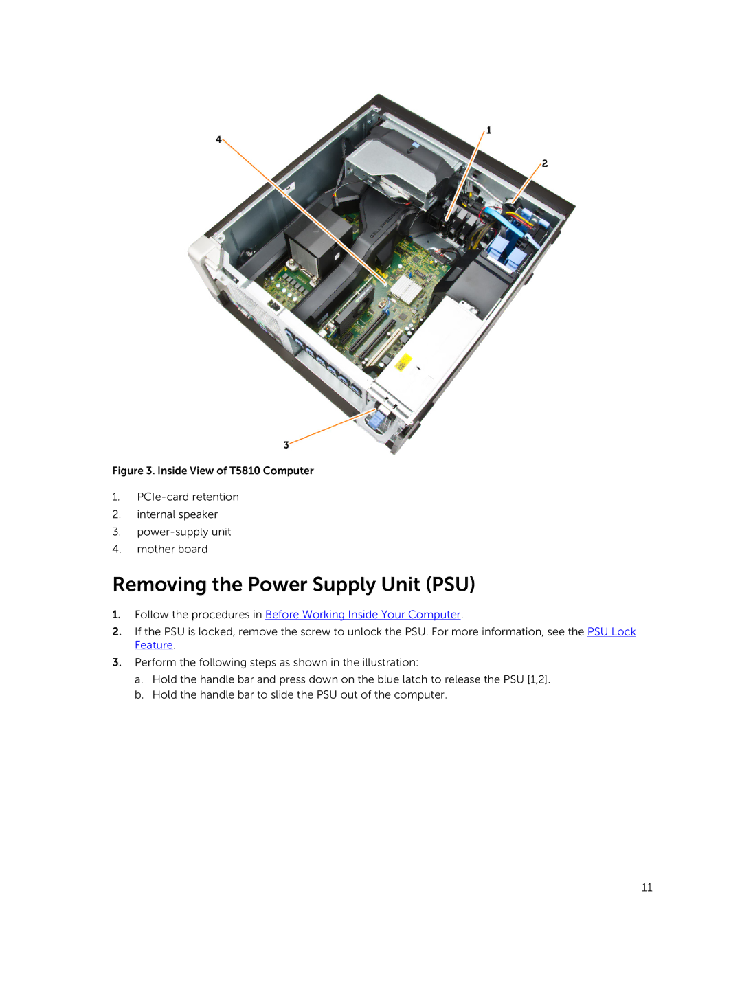 Dell 5810 owner manual Removing the Power Supply Unit PSU 