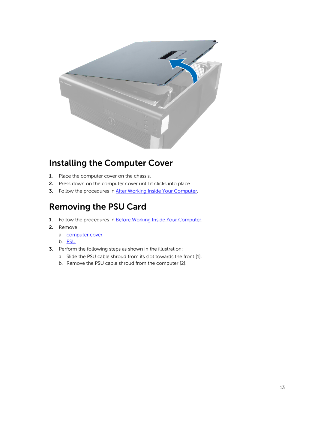 Dell 5810 owner manual Installing the Computer Cover, Removing the PSU Card 