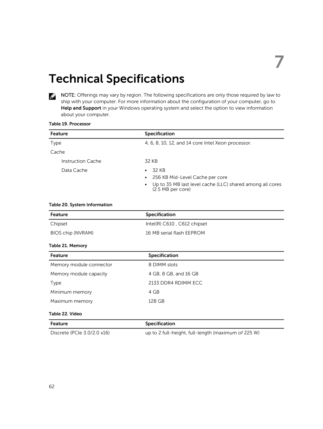 Dell 5810 owner manual Technical Specifications, 2133 DDR4 Rdimm ECC 