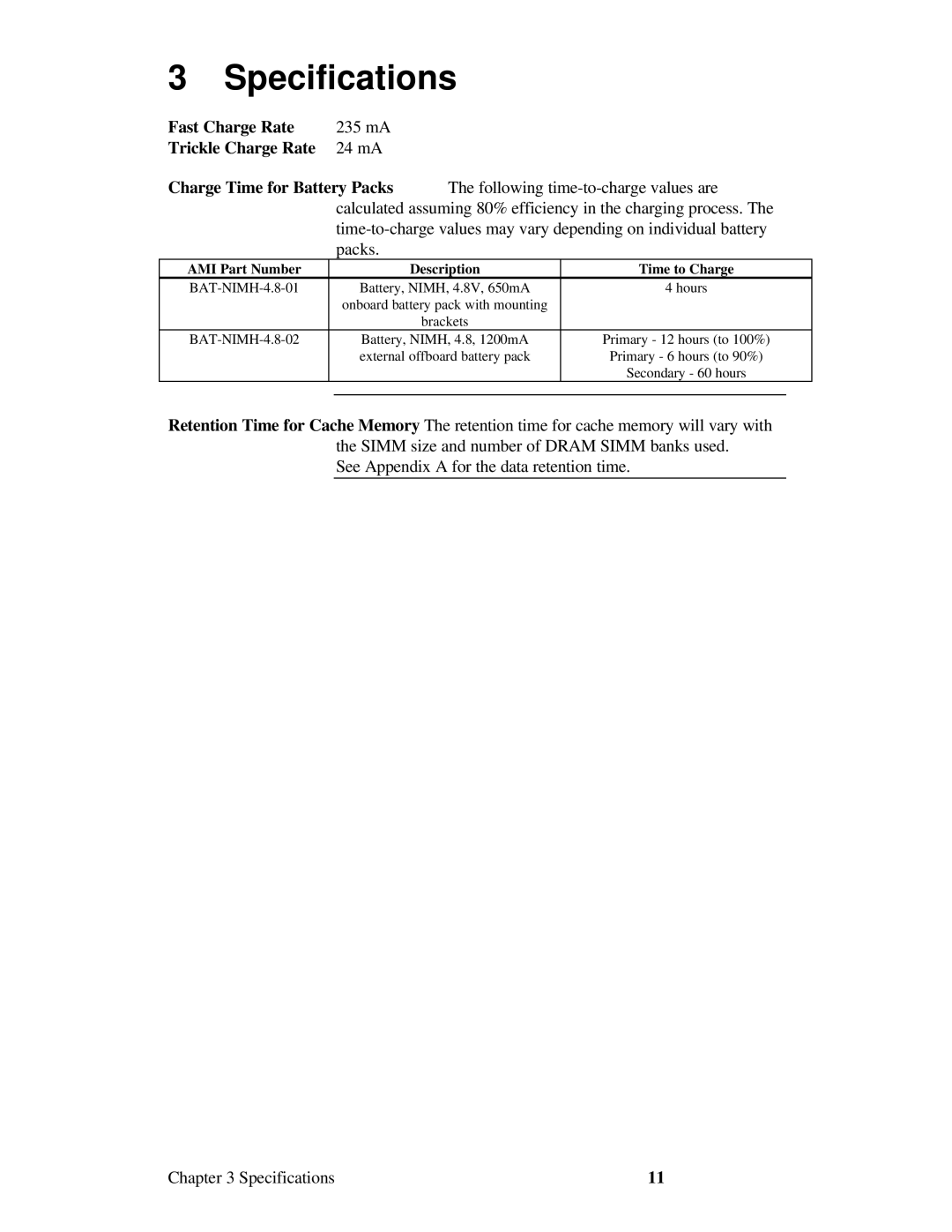 Dell 58296 manual Specifications, Charge Time for Battery Packs 