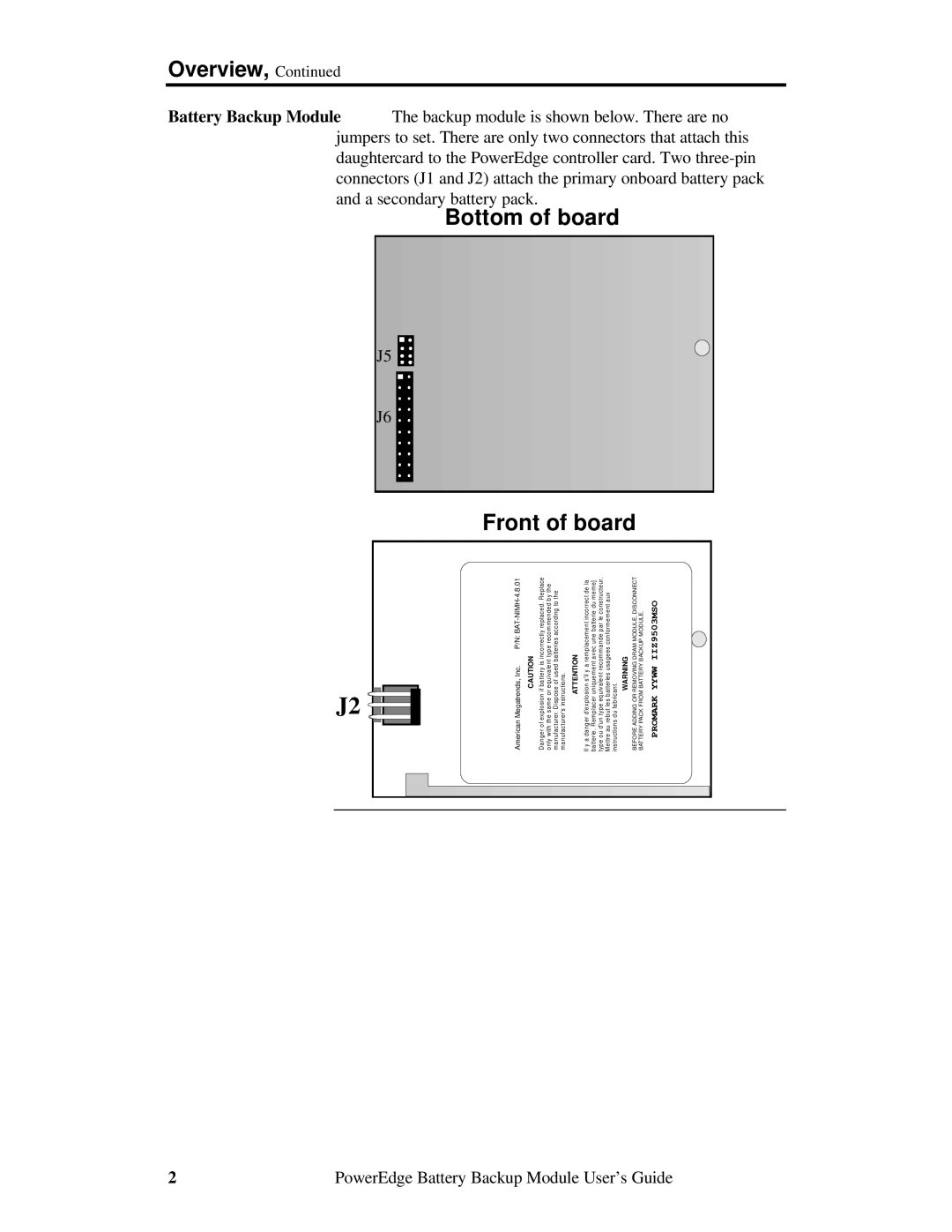 Dell 58296 manual Bottom of board Front of board, American Megatrends, Inc. P/N BAT-NIMH-4.8.01 