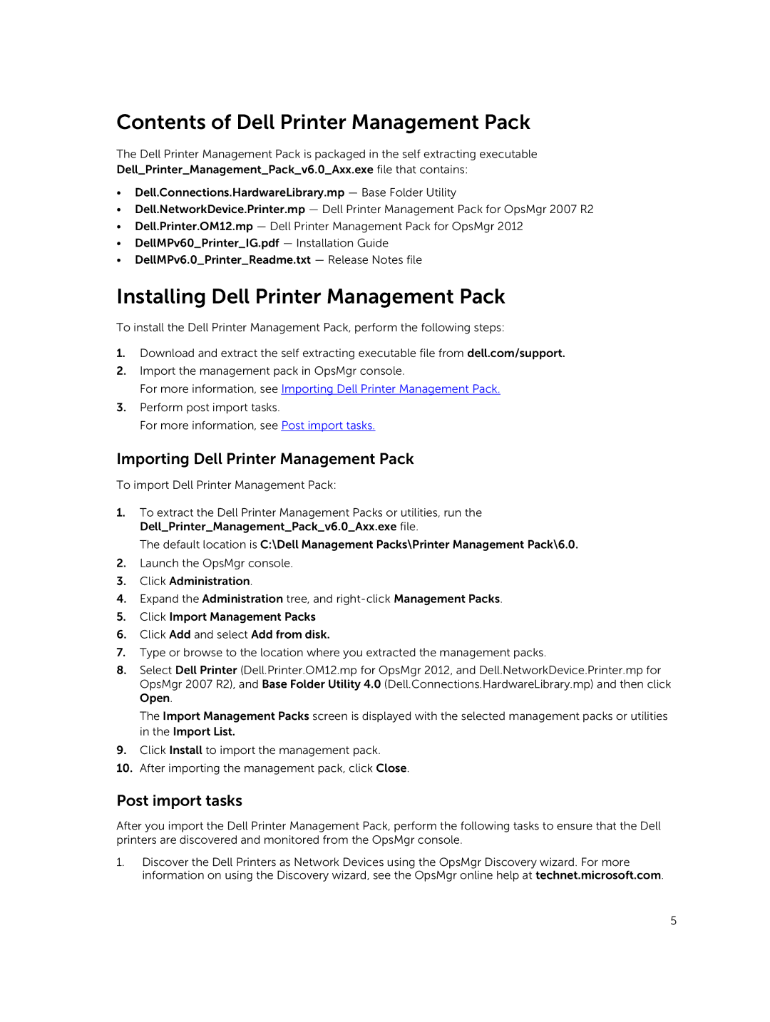 Dell 6 manual Contents of Dell Printer Management Pack, Installing Dell Printer Management Pack 