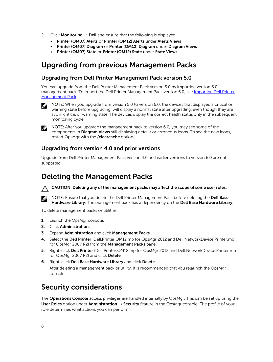 Dell 6 manual Upgrading from previous Management Packs, Deleting the Management Packs, Security considerations 