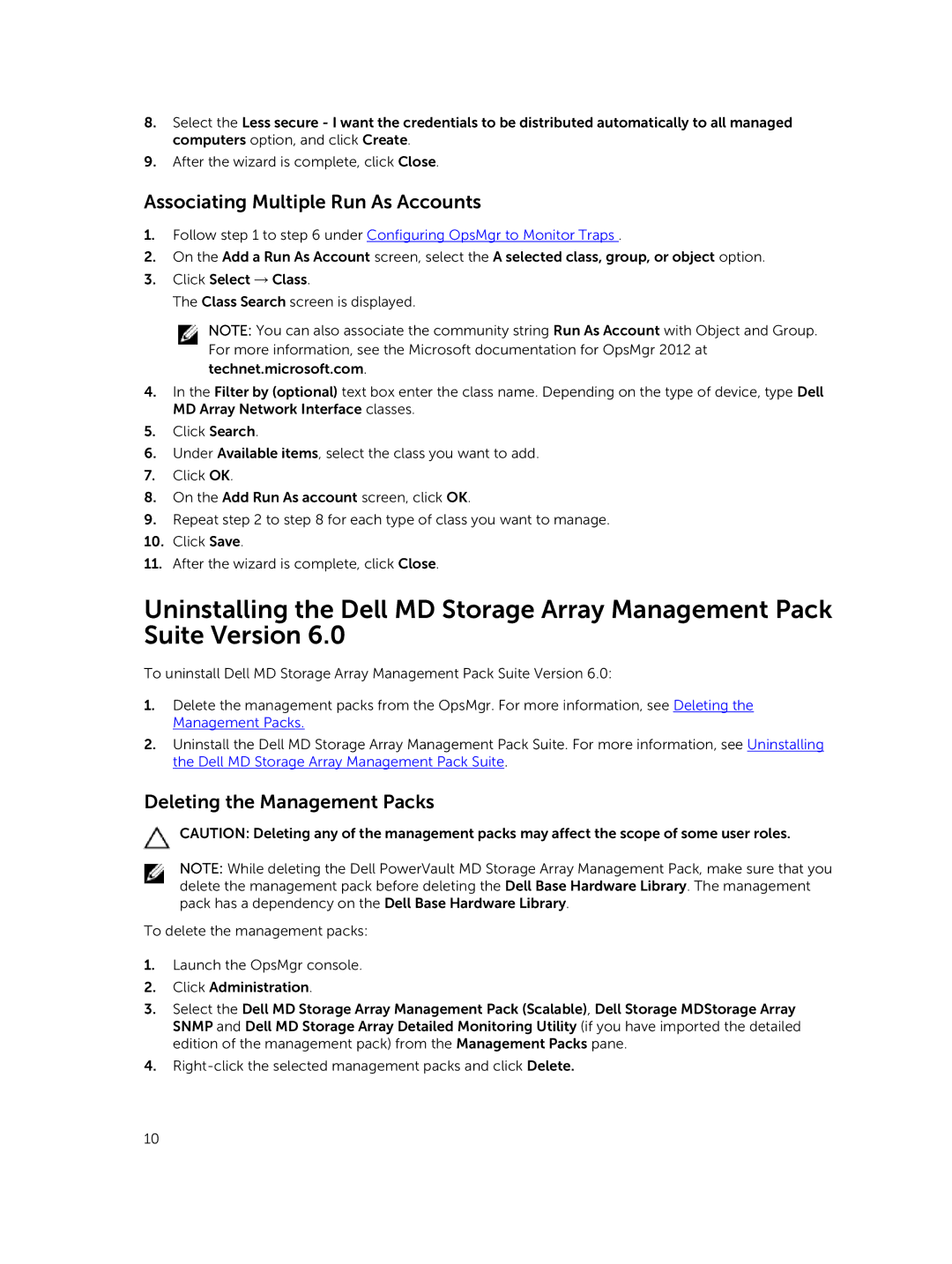 Dell 6 manual Associating Multiple Run As Accounts, Deleting the Management Packs 