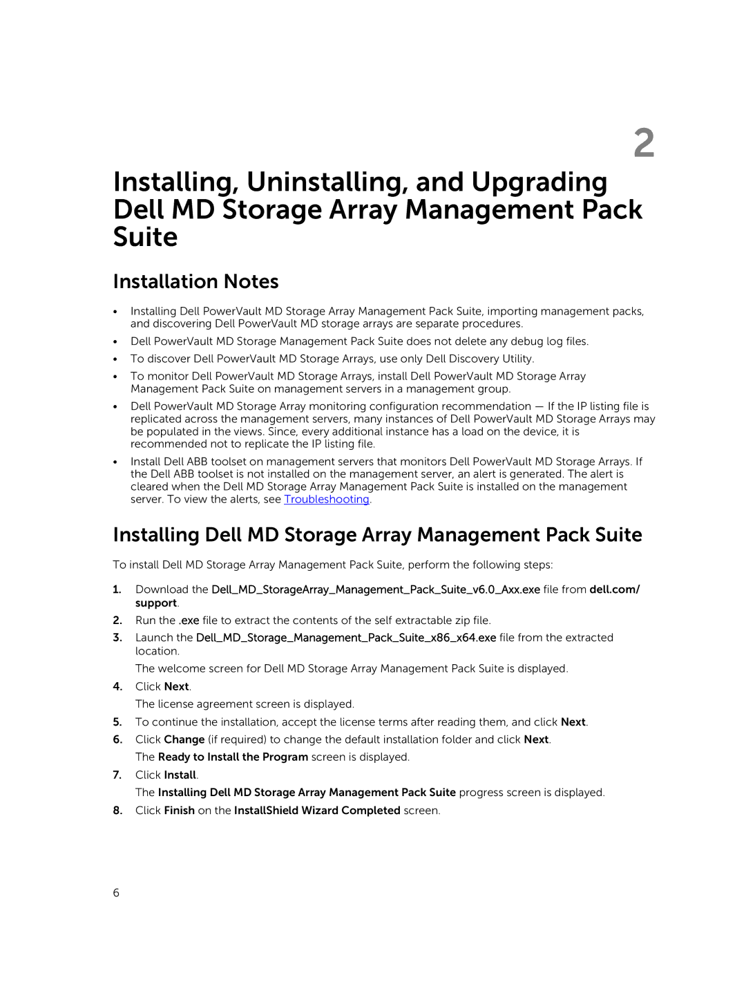 Dell 6 manual Installation Notes, Installing Dell MD Storage Array Management Pack Suite 