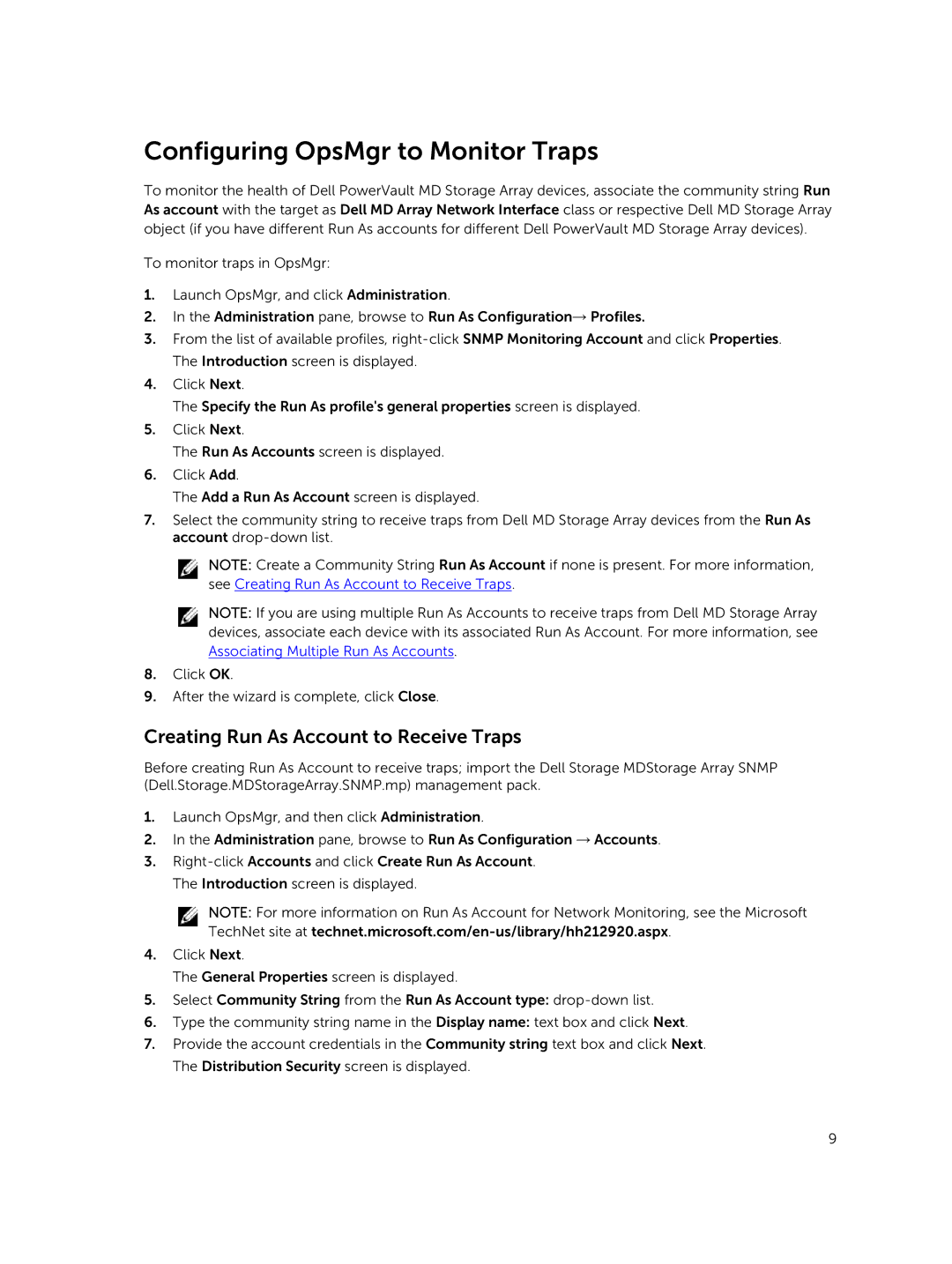 Dell 6 manual Configuring OpsMgr to Monitor Traps, Creating Run As Account to Receive Traps 