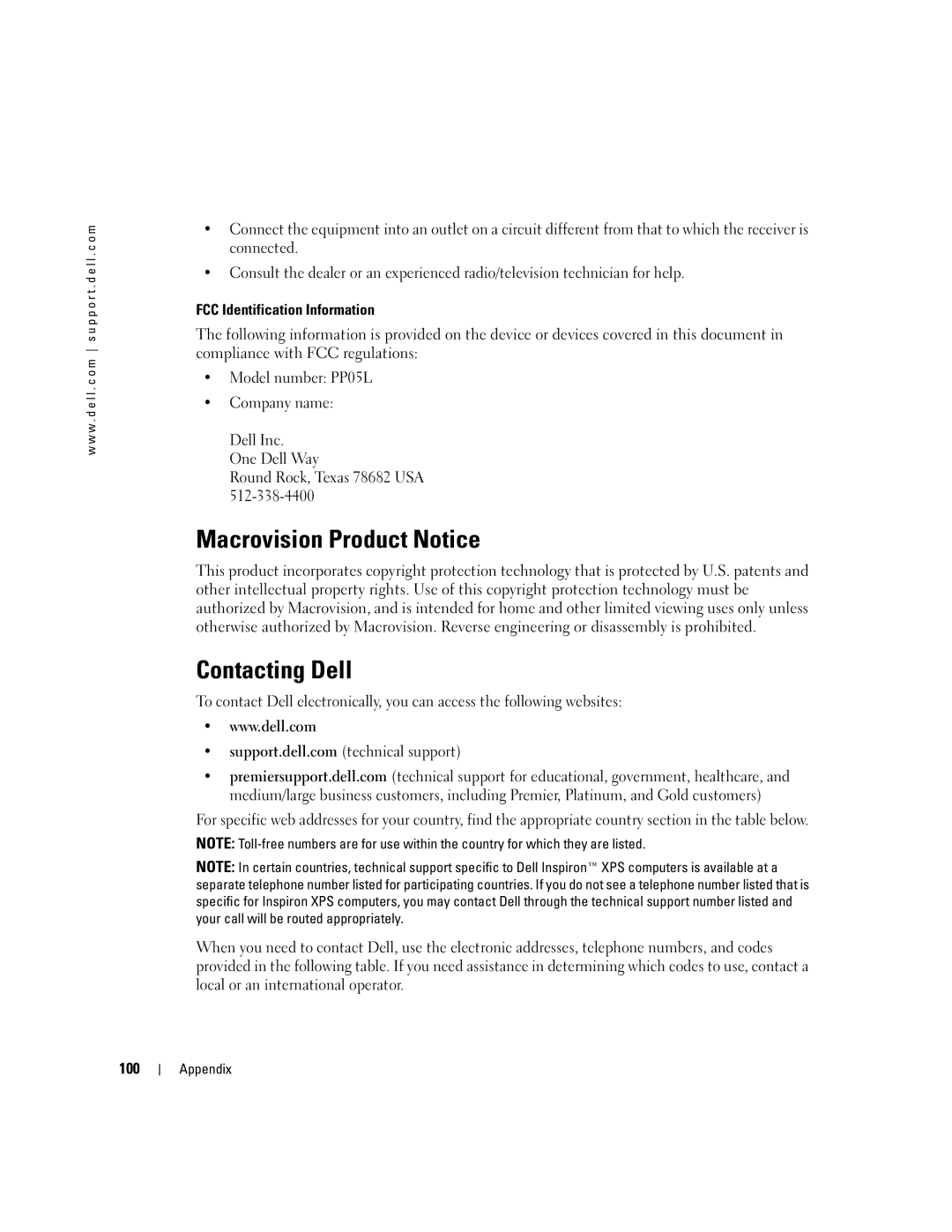 Dell 600m, PP05L owner manual Macrovision Product Notice, Contacting Dell 