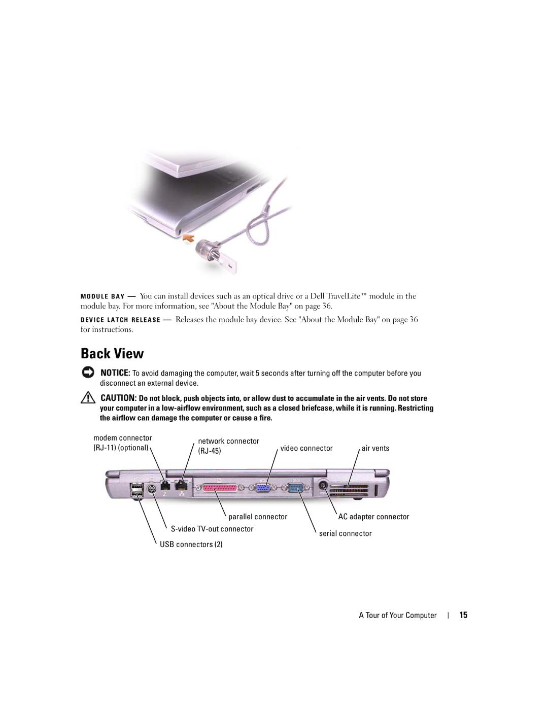 Dell PP05L, 600m owner manual Back View, RJ-45, Parallel connector 