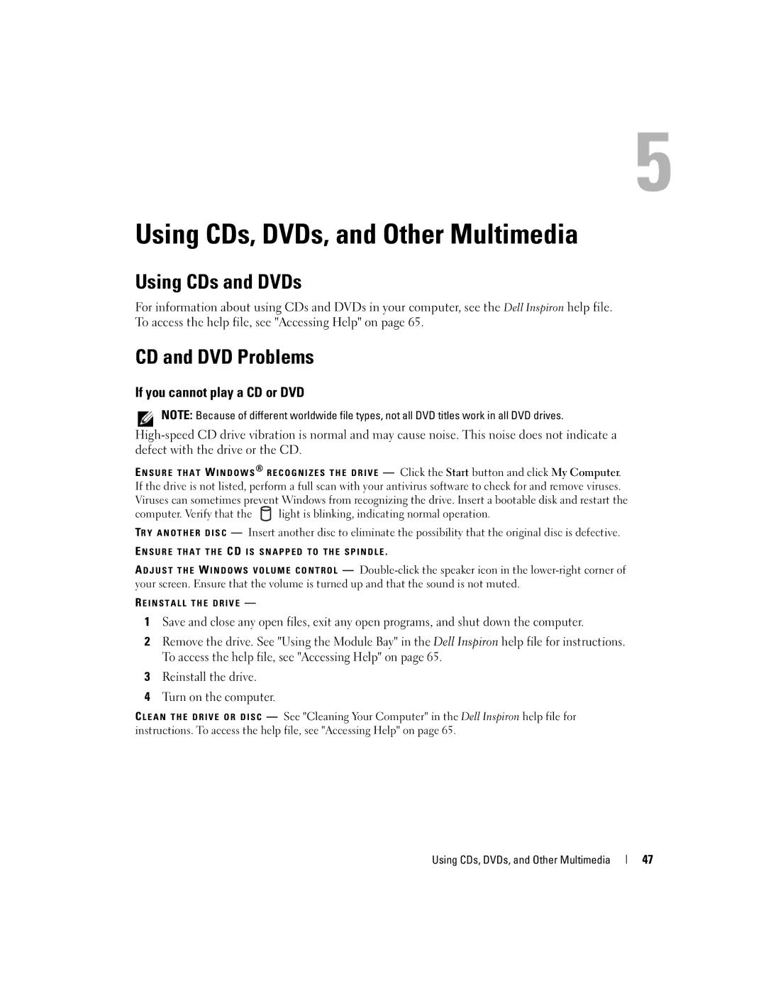 Dell PP05L Using CDs, DVDs, and Other Multimedia, Using CDs and DVDs, CD and DVD Problems, If you cannot play a CD or DVD 