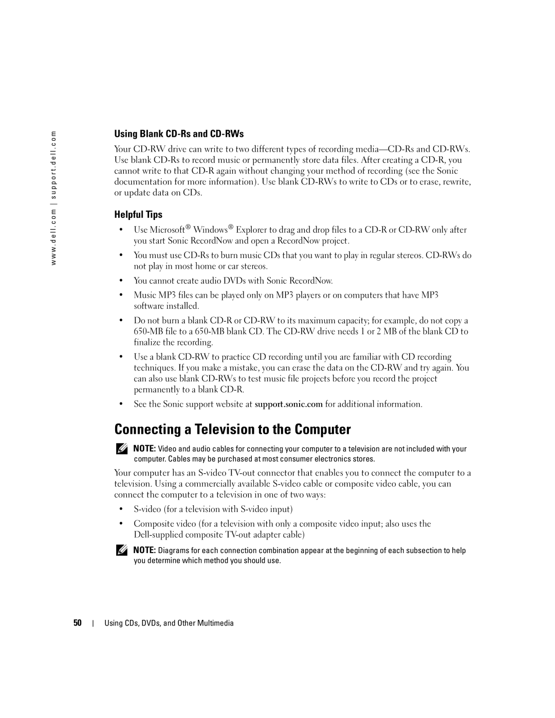 Dell 600m, PP05L owner manual Connecting a Television to the Computer, Using Blank CD-Rs and CD-RWs, Helpful Tips 