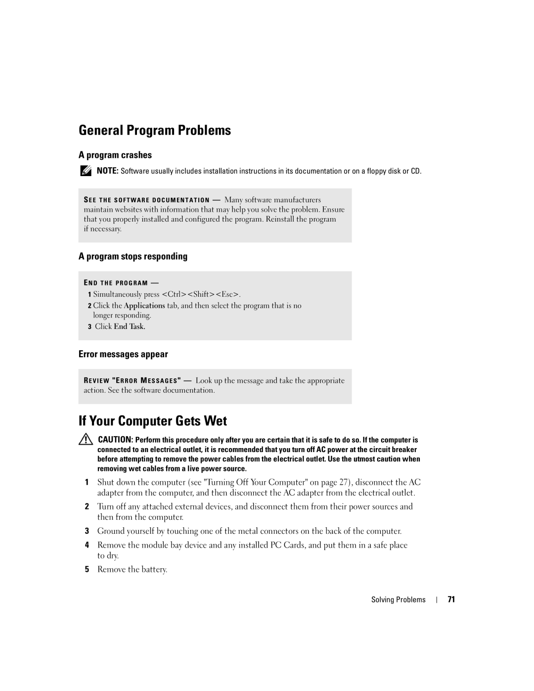 Dell PP05L, 600m owner manual General Program Problems, If Your Computer Gets Wet, Program crashes, Program stops responding 