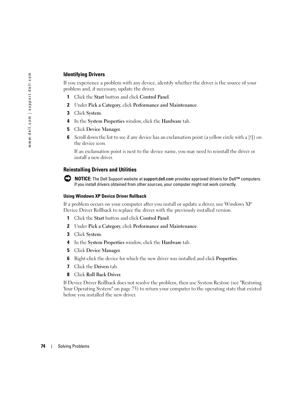 Dell 600m, PP05L Identifying Drivers, Reinstalling Drivers and Utilities, Using Windows XP Device Driver Rollback 