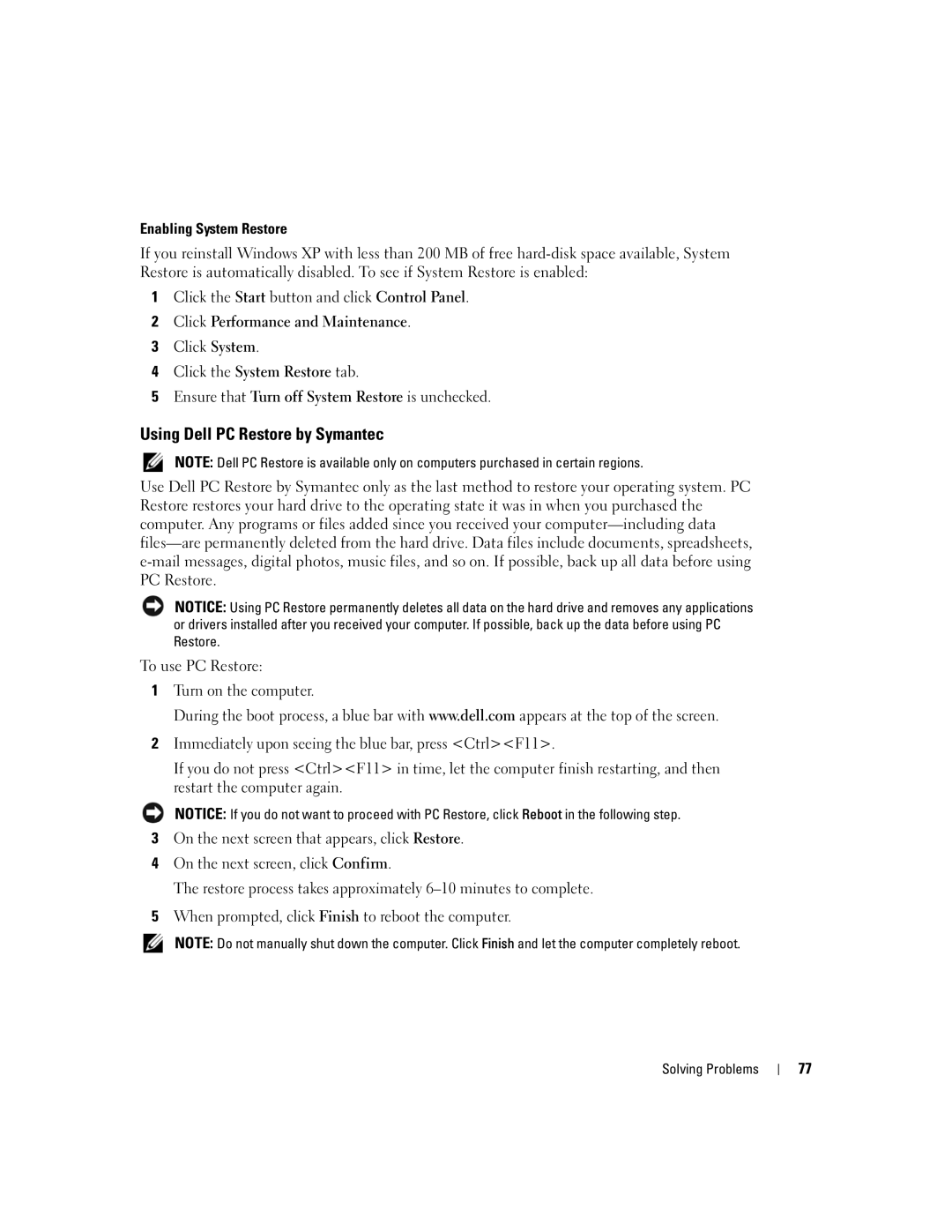 Dell PP05L, 600m owner manual Using Dell PC Restore by Symantec, Enabling System Restore 