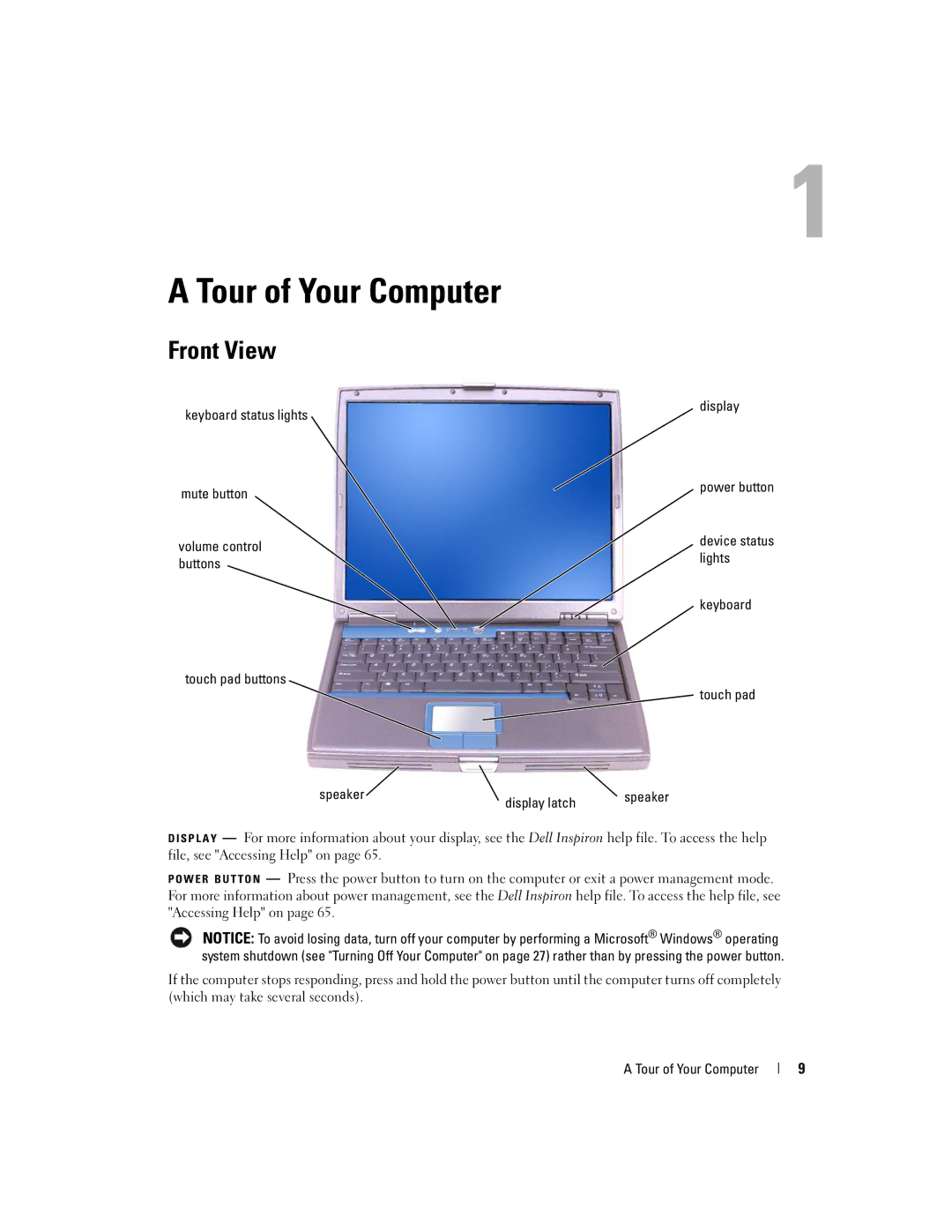 Dell PP05L Tour of Your Computer, Front View, Keyboard status lights Mute button, Touch pad buttons Speaker Display latch 