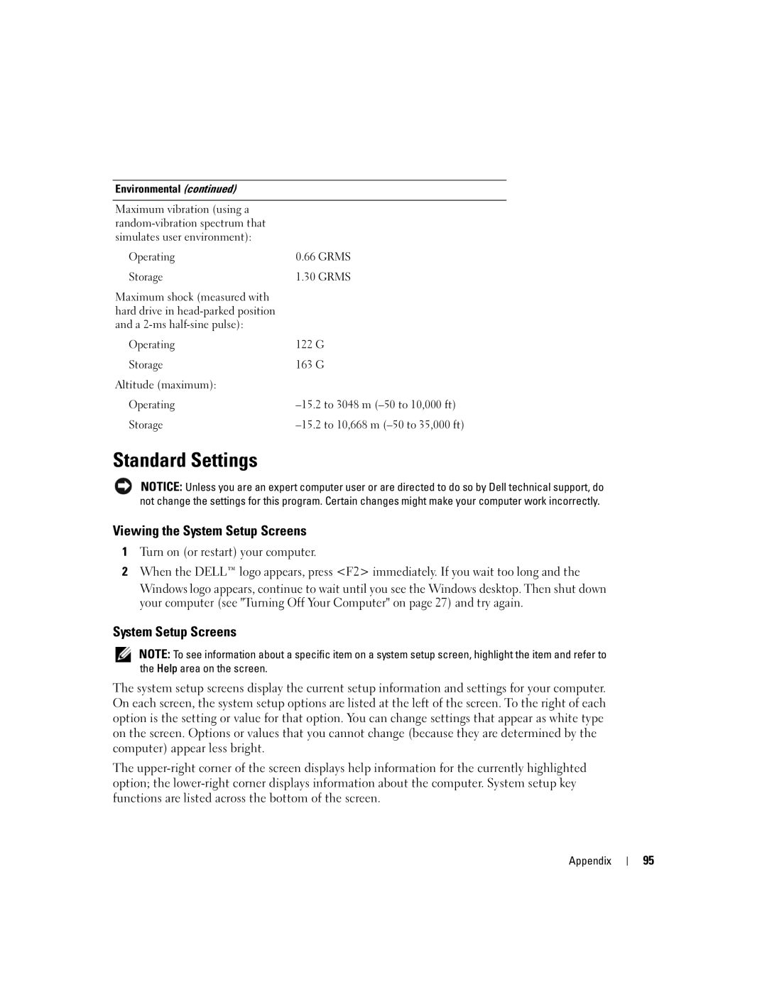 Dell PP05L, 600m owner manual Standard Settings, Viewing the System Setup Screens 