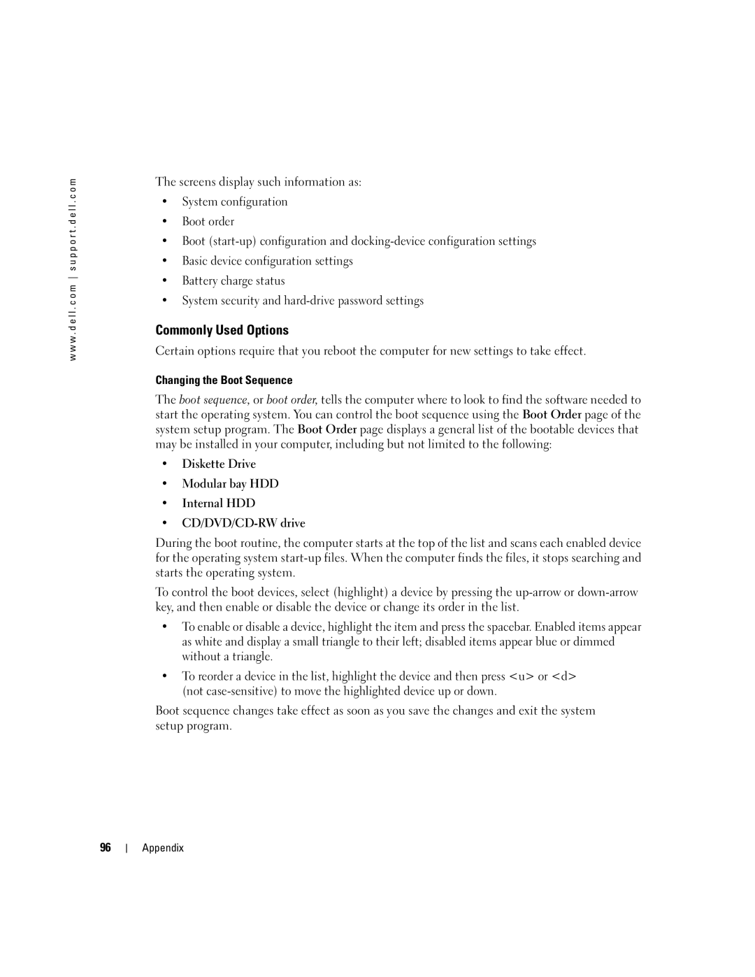 Dell 600m, PP05L owner manual Commonly Used Options, Changing the Boot Sequence 