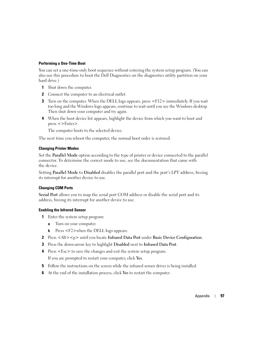 Dell PP05L, 600m Performing a One-Time Boot, Changing Printer Modes, Changing COM Ports, Enabling the Infrared Sensor 