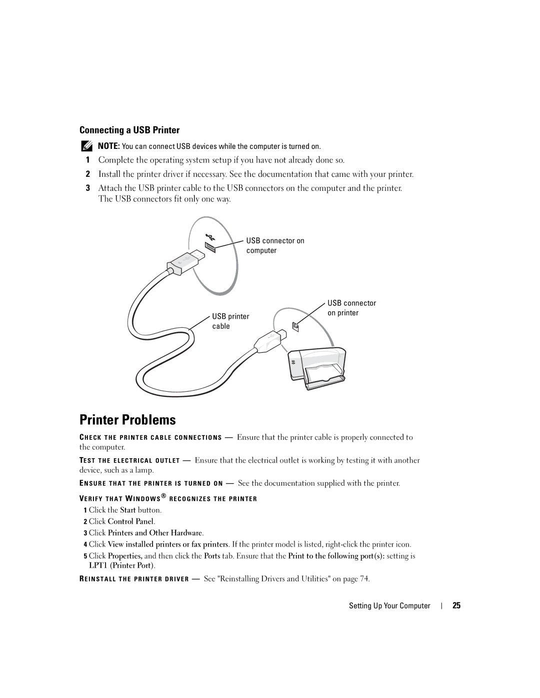 Dell PP05L, 600m Printer Problems, Connecting a USB Printer, USB connector on computer, USB printer On printer Cable 