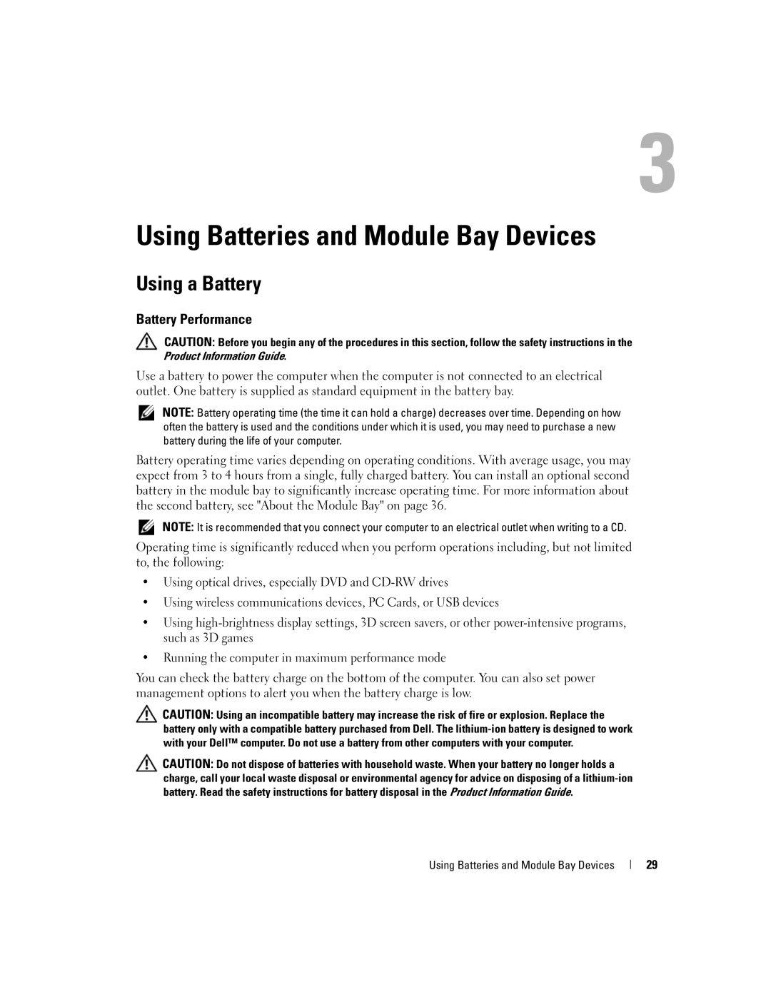 Dell PP05L, 600m Using Batteries and Module Bay Devices, Using a Battery, Battery Performance, Product Information Guide 