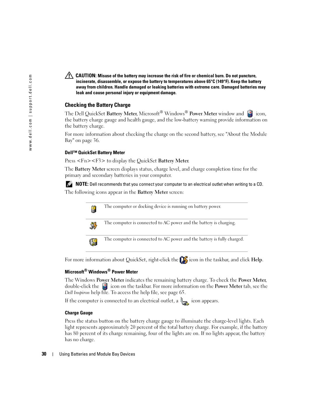 Dell 600m, PP05L Checking the Battery Charge, Dell QuickSet Battery Meter, Microsoft Windows Power Meter, Charge Gauge 