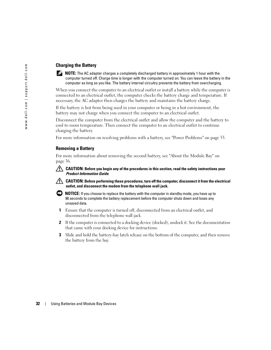 Dell 600m, PP05L owner manual Charging the Battery, Removing a Battery 