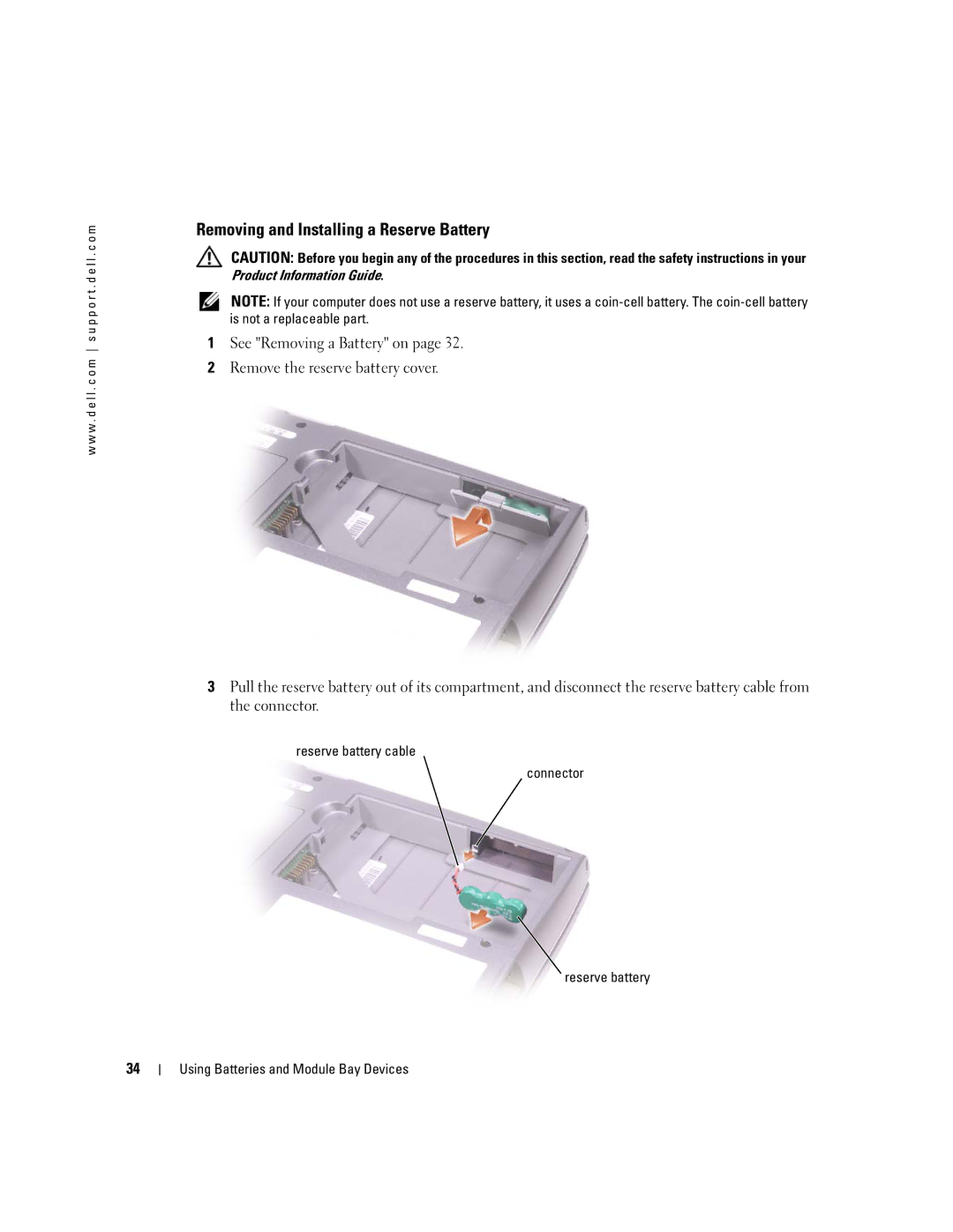 Dell 600m, PP05L owner manual Removing and Installing a Reserve Battery 