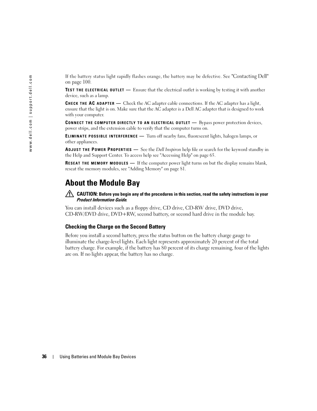 Dell 600m, PP05L owner manual About the Module Bay, Checking the Charge on the Second Battery 