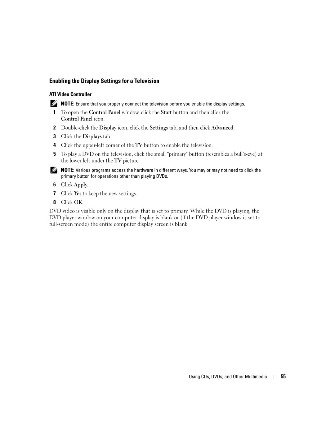 Dell PP05L, 600m owner manual Enabling the Display Settings for a Television 