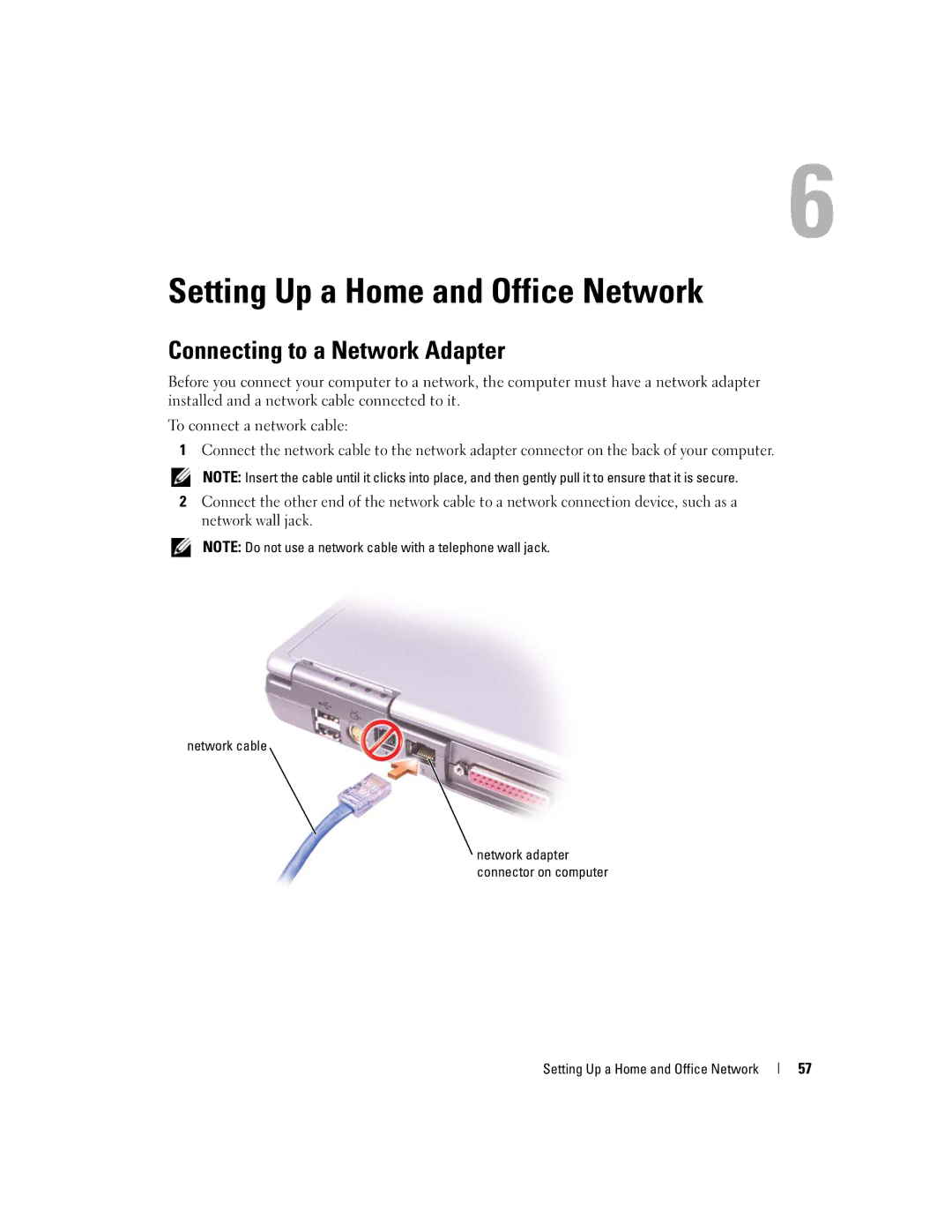 Dell PP05L, 600m owner manual Setting Up a Home and Office Network, Connecting to a Network Adapter, Network cable 