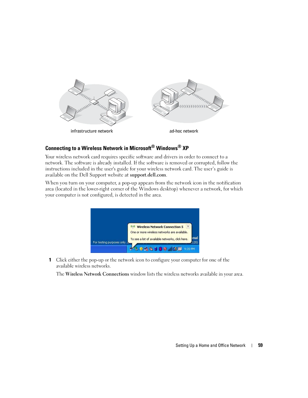 Dell PP05L, 600m owner manual Connecting to a Wireless Network in Microsoft Windows XP, Infrastructure network 