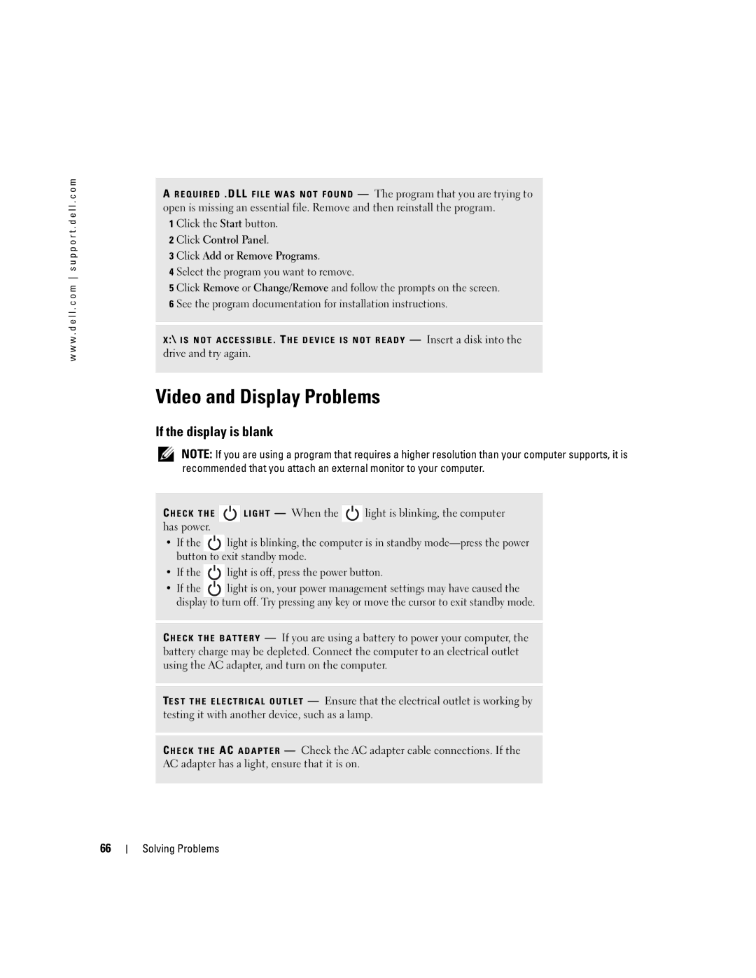 Dell 600m, PP05L Video and Display Problems, If the display is blank, Click Control Panel Click Add or Remove Programs 