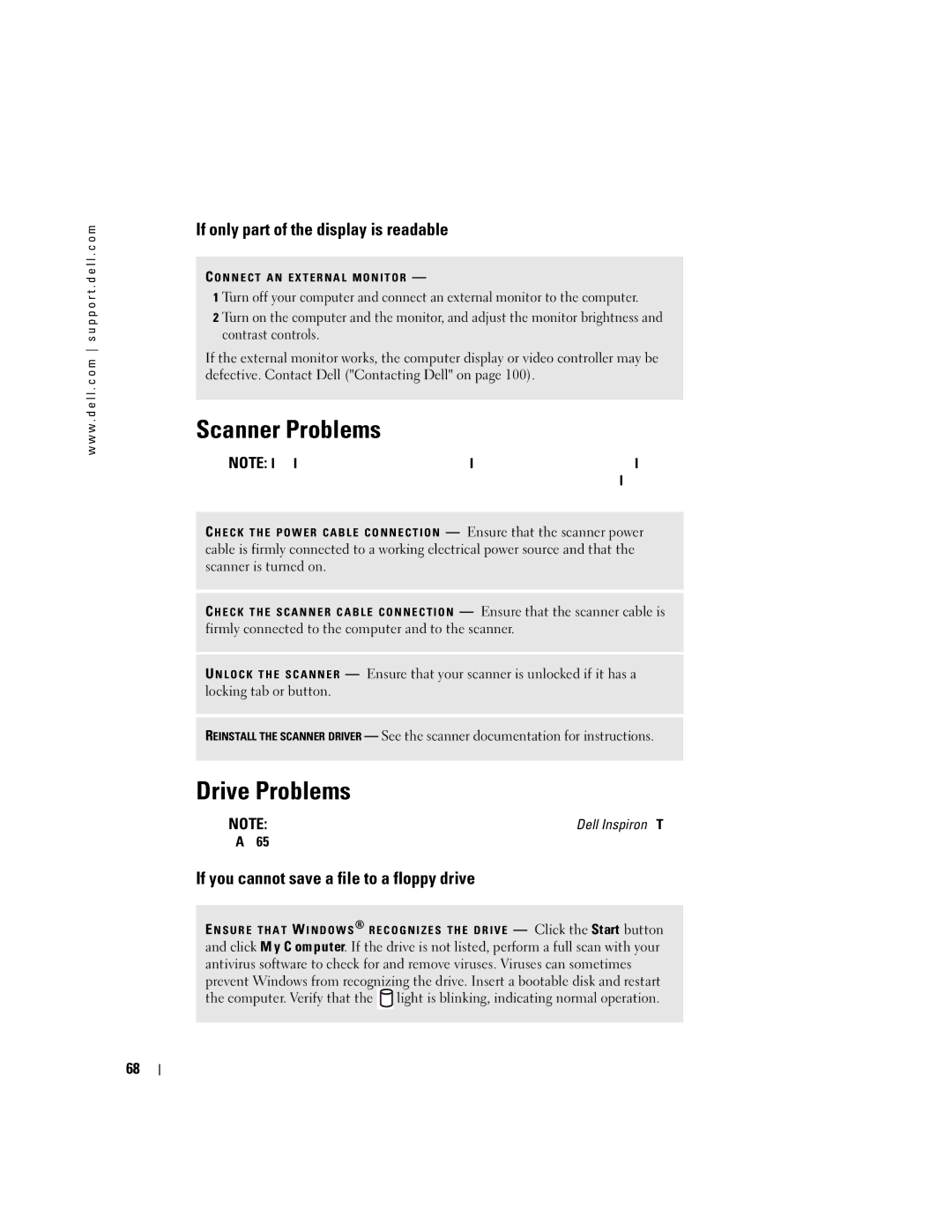 Dell 600m, PP05L owner manual Scanner Problems, Drive Problems, If only part of the display is readable 