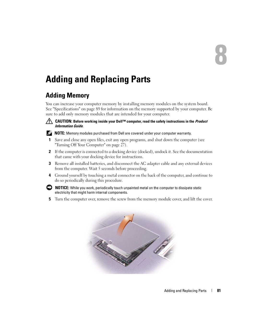 Dell PP05L, 600m owner manual Adding and Replacing Parts, Adding Memory 