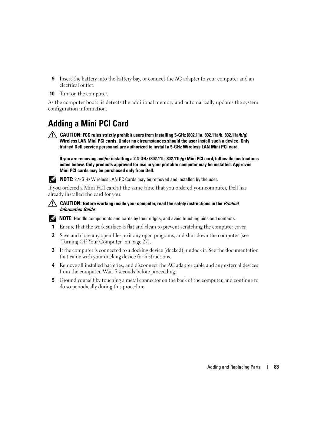 Dell PP05L, 600m owner manual Adding a Mini PCI Card 