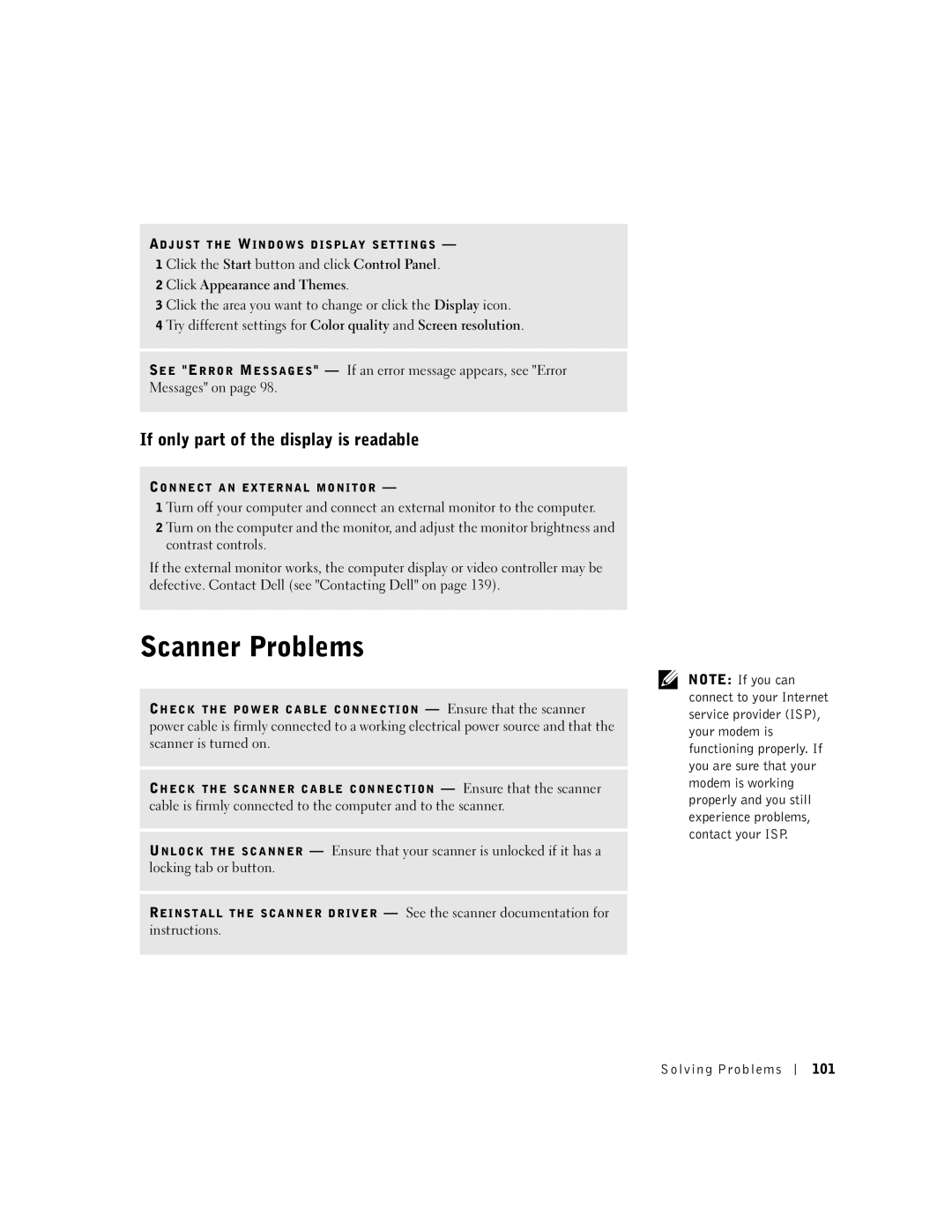 Dell 600m Scanner Problems, If only part of the display is readable, Click Appearance and Themes, Solving Problems 101 