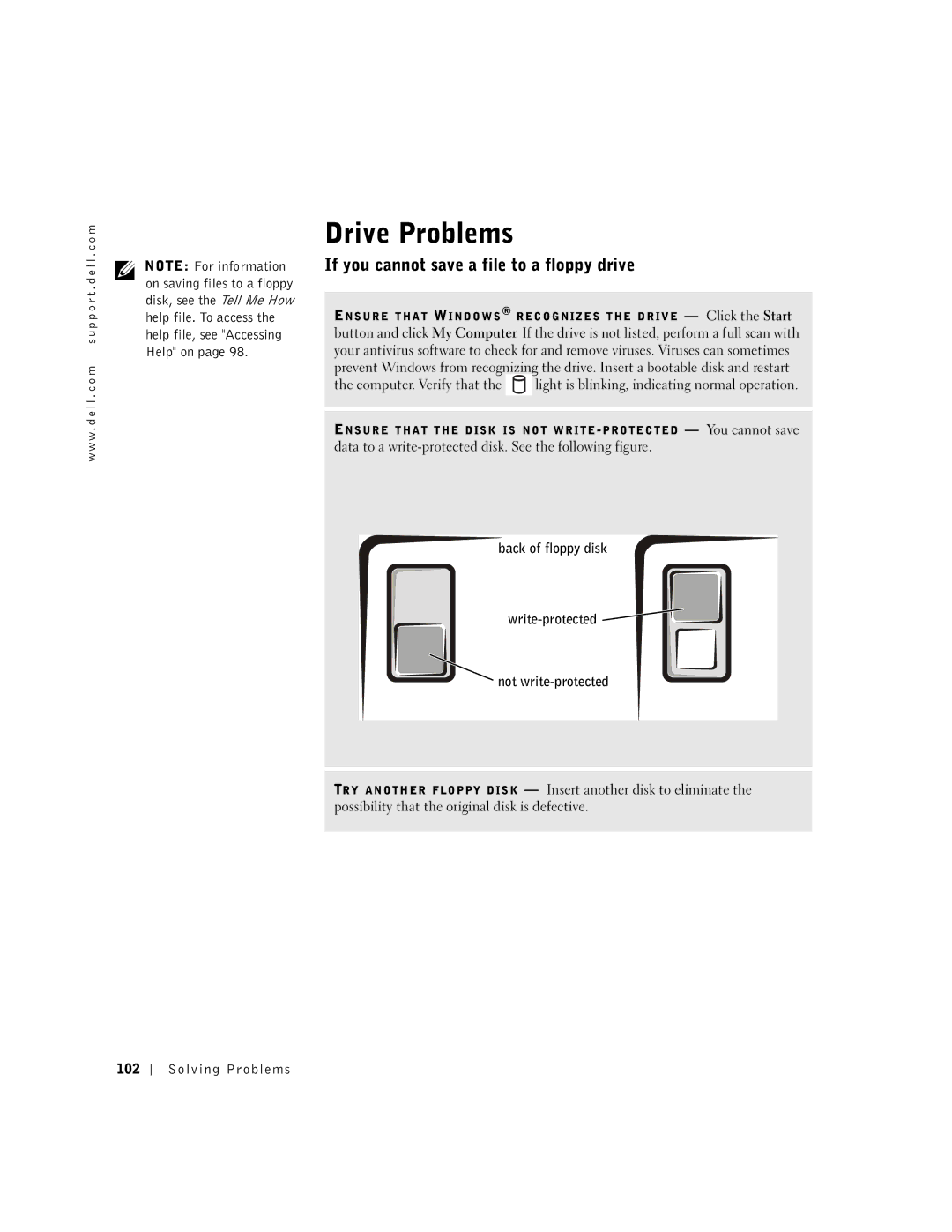 Dell 600m owner manual Drive Problems, If you cannot save a file to a floppy drive, Solving Problems 