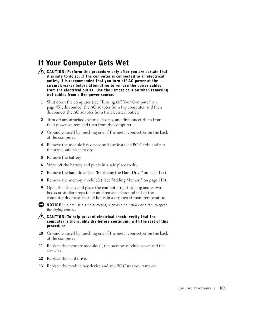 Dell 600m owner manual If Your Computer Gets Wet, Solving Problems 105 