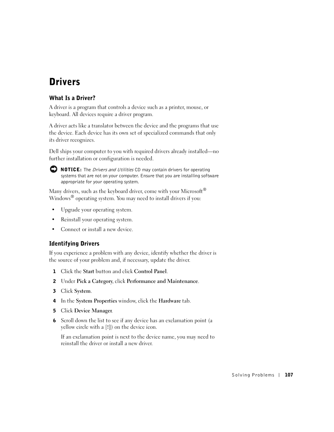 Dell 600m owner manual What Is a Driver?, Identifying Drivers, Solving Problems 107 