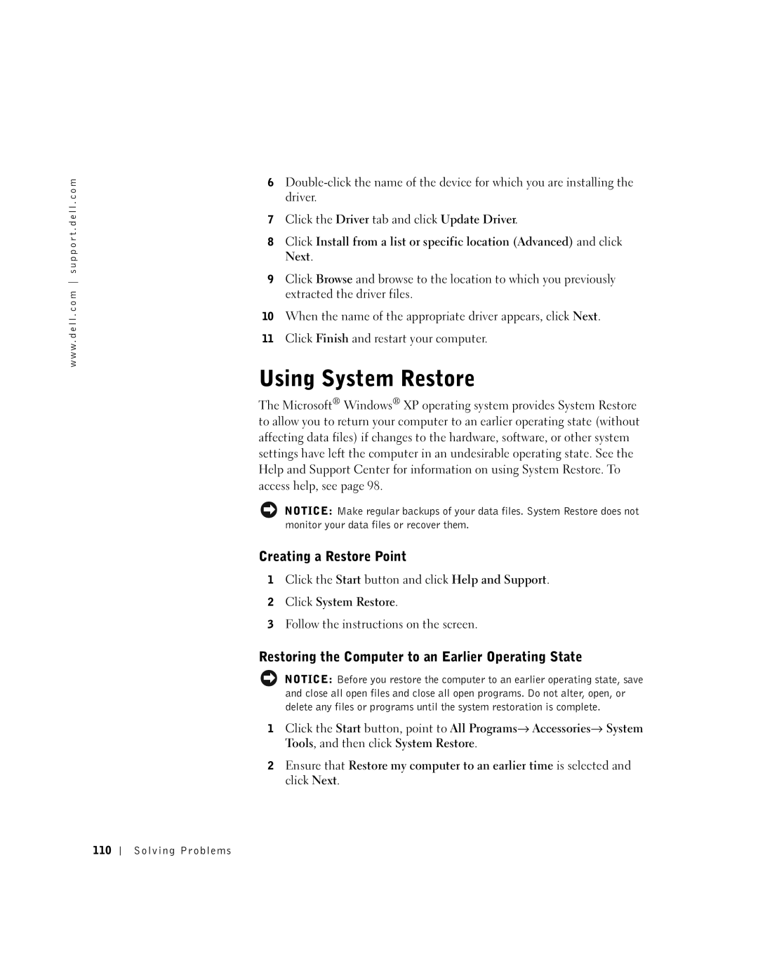 Dell 600m owner manual Using System Restore, Creating a Restore Point, Restoring the Computer to an Earlier Operating State 