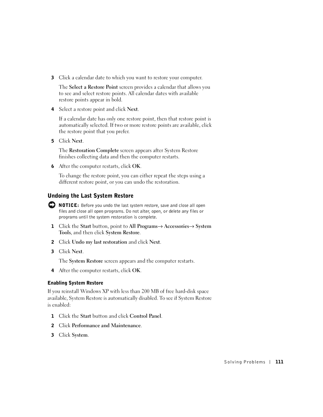 Dell 600m owner manual Undoing the Last System Restore, Solving Problems 111 